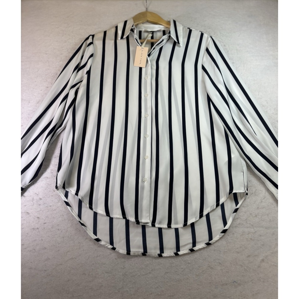 Black Tape Womens S Button Up Shirt Oversized Black Vertical Stripe On White NWT